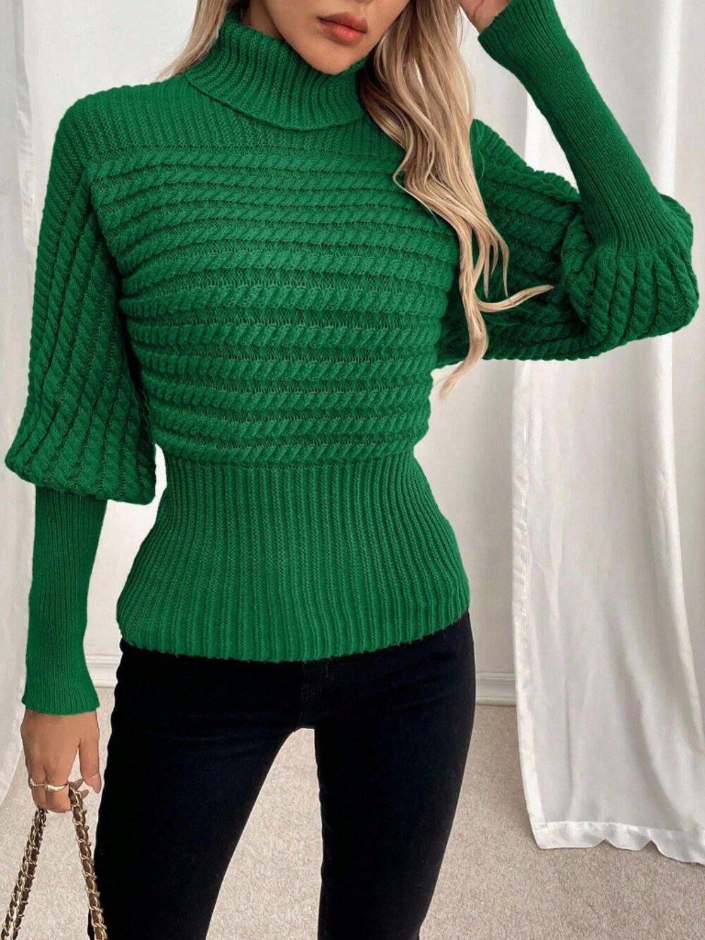 Dark Green Casual Women's Cable Knit Rib-Knit Loose Slim Fit Sweater